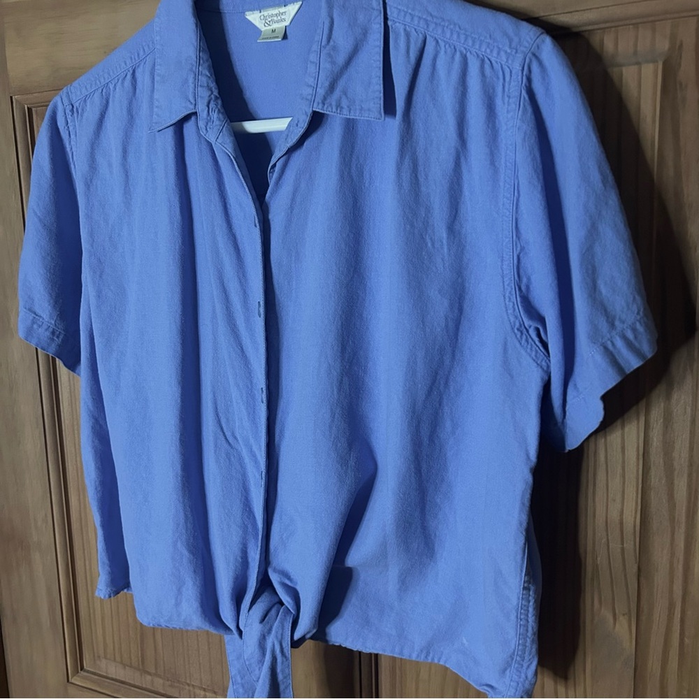 Women's Blue Button-Up Tie-Front Top - Picture 3 of 7